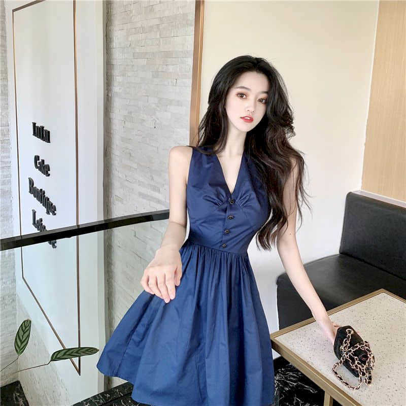 

Clothing Aesthetic Dress niche waist slimming skirt summer temperament goddess sleeveless v-neck a-line dress high street 210526, White