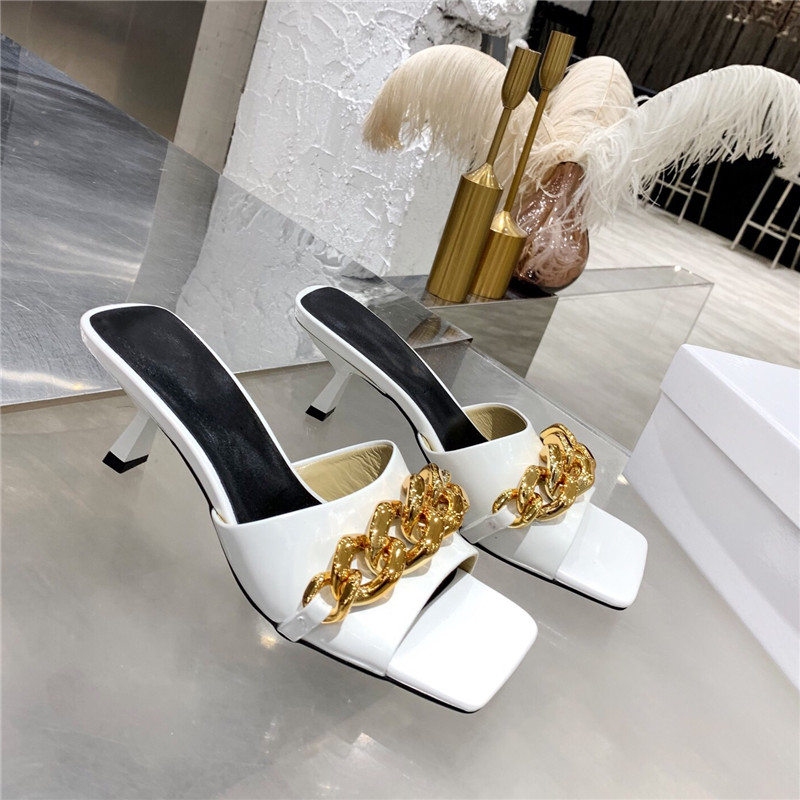 

2021 summer open toe slippers women's High Heels Sandals luxury designer metal chain decorative leather sexy wedding shoes 35-41, Black