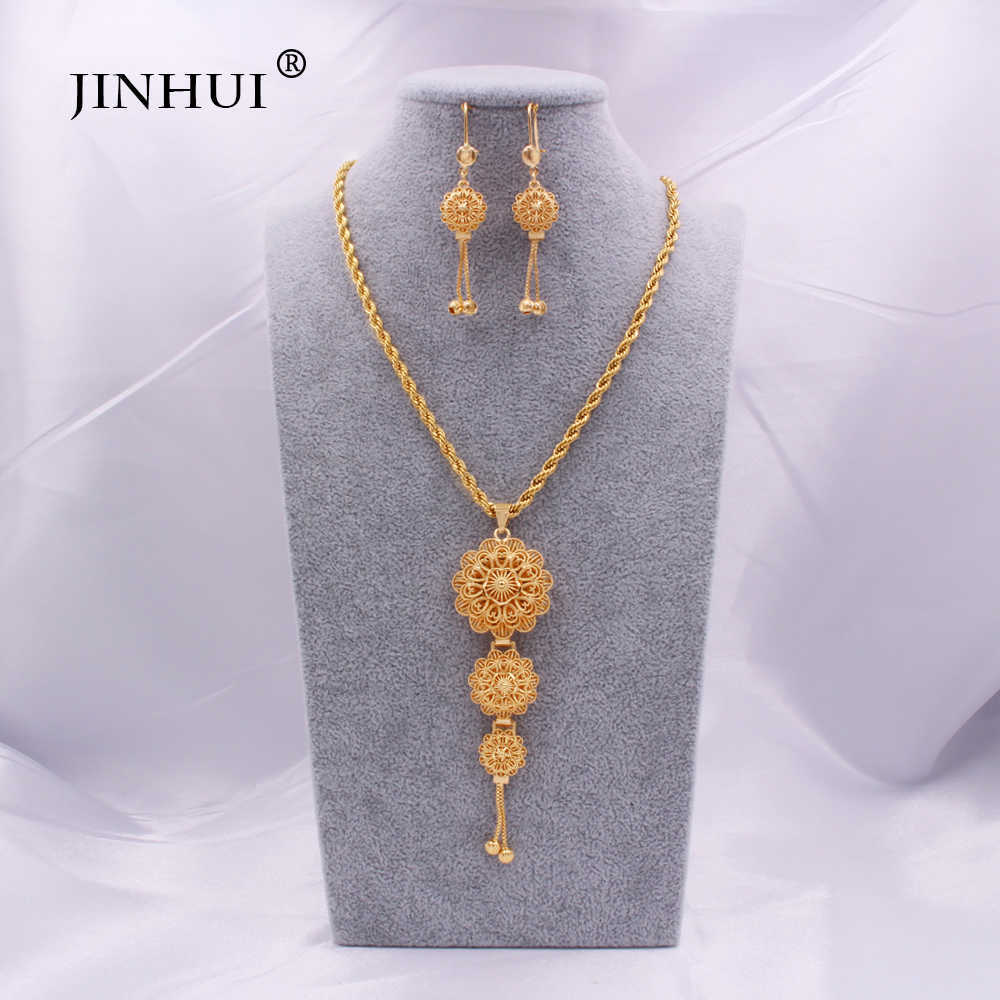 

Jewelry sets 24K Ethiopian Gold Arabia Necklace Pendant Earring for women indian dubai African wedding Party bridal gifts set 210619, Gold-color