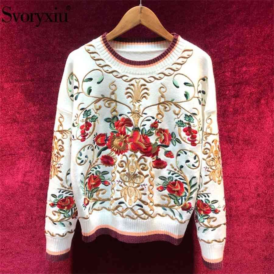 

Svoryxiu High Quality Wool Blend Pullover Sweater Women's luxury Floral Embroidery Autumn Winter Runway Thick Knitting Jumper T200101, Black