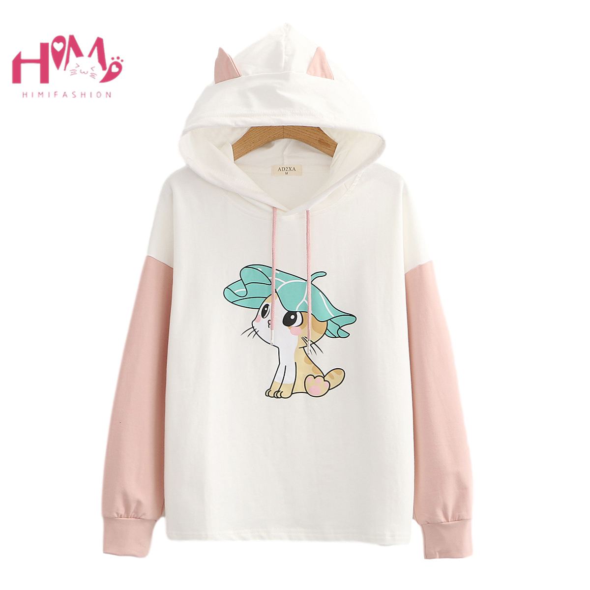 

Cute Long Sleeve Graphic Hoodie Women Kawaii Cartoon Cat Ear Pink Sweatshirt Teen Girls Casual Loose Anime Hooded Sweetshirts, Blue