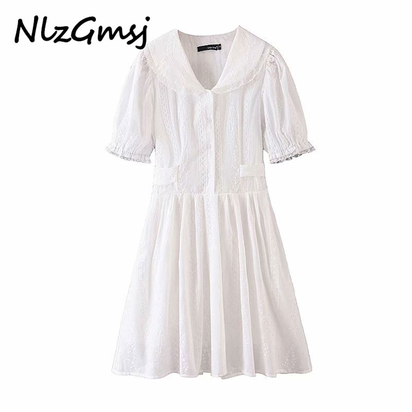 

Dres Sexy Lace Trims White Female Peter Pan Collar Short Sleeve Sashes A-line Mini Vestido 210628, As picture