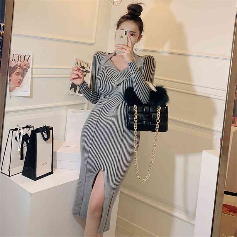 

winte knitted sweater Korea ladies long Sleeve V neck formal Sexy Midi CLub warm party Dresses for women clothing 210602, Gray