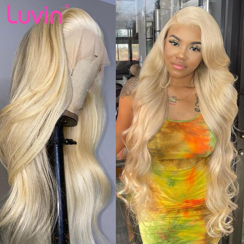 

Lace Wigs Luvin 32 30 Inch 613 Honey Blonde Color Body Wave 13x4 Front Wig Human Hair PrePlucked Frontal For Women, T part lace wig