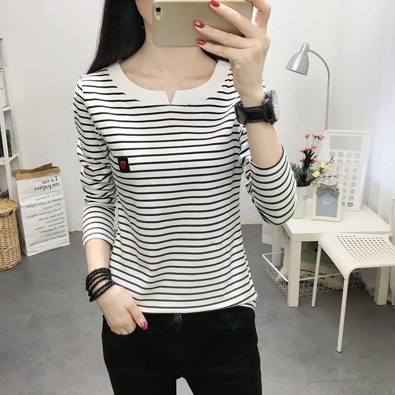 

T Shirt Women Long Sleeve Tshirt Spring White Black Striped Womens Tops Casual T-Shirts Plus Size Tee Shirt Femme 210604