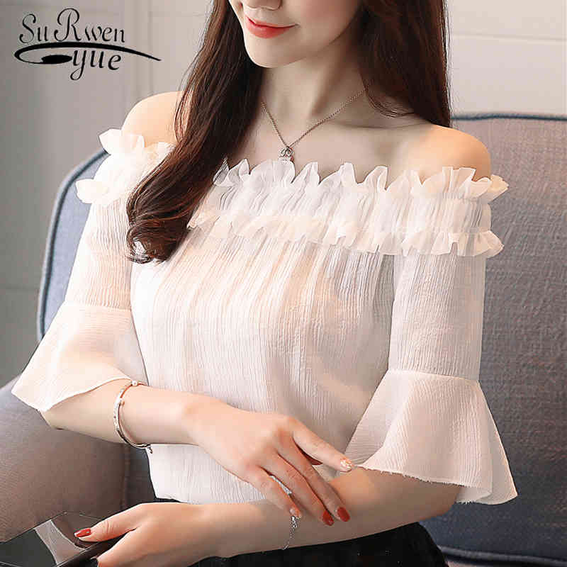 

summer sexy blouses solid women tops slash neck short sleeved flare sleeve chiffon clothing 0245 40 210521, White