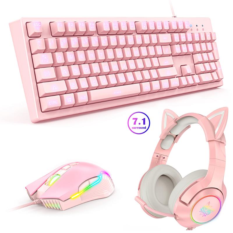 

Keyboard Mouse Combos ONIKUMA 7.1 Stereo Sound Pink Gaming Headphones+Mouse And Set Headset With Mic & LED Light For Laptop/PC/PS4/PS5