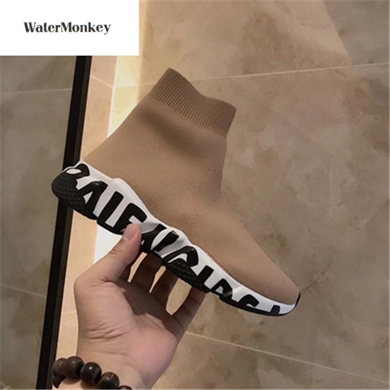 

Boots Letter Socks And Elastic Soles For Women Autumn Winter Graffiti Style Casual Shoes European American, Black