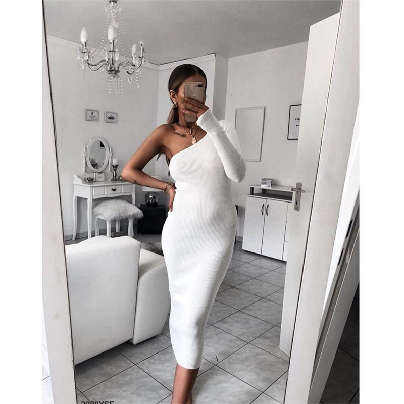 Two Piece Dress Summer one shoulder sexual asymmetry collar tight white long sleeve M0T7-image-704472101