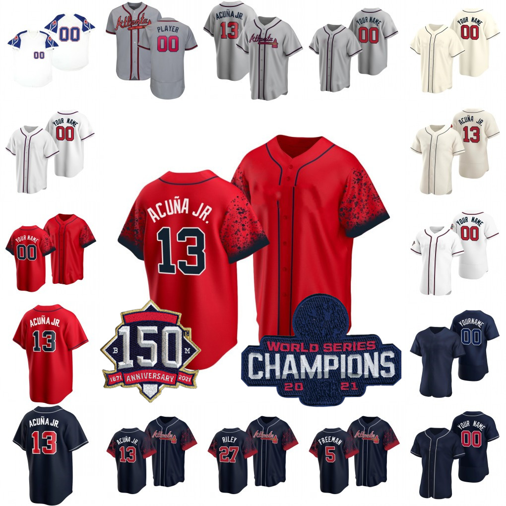 

2021 WS Champion Atlanta Baseball Jerseys Ronald Acuna Jr Freddie Freeman Dansby Swanson Ozzie Albies Chipper Jones Austin Riley Joc Pederson Jorge Soler Max Fried, Flexbase red
