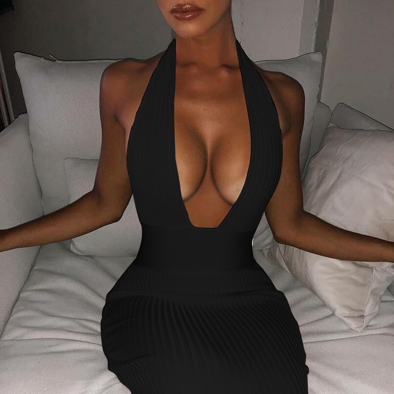 

Halter Backless Sexy Knitted Pencil Dress Women White Off Shoulder Long Bodycon Party Dress Elegant Summer Dress 210518, Black