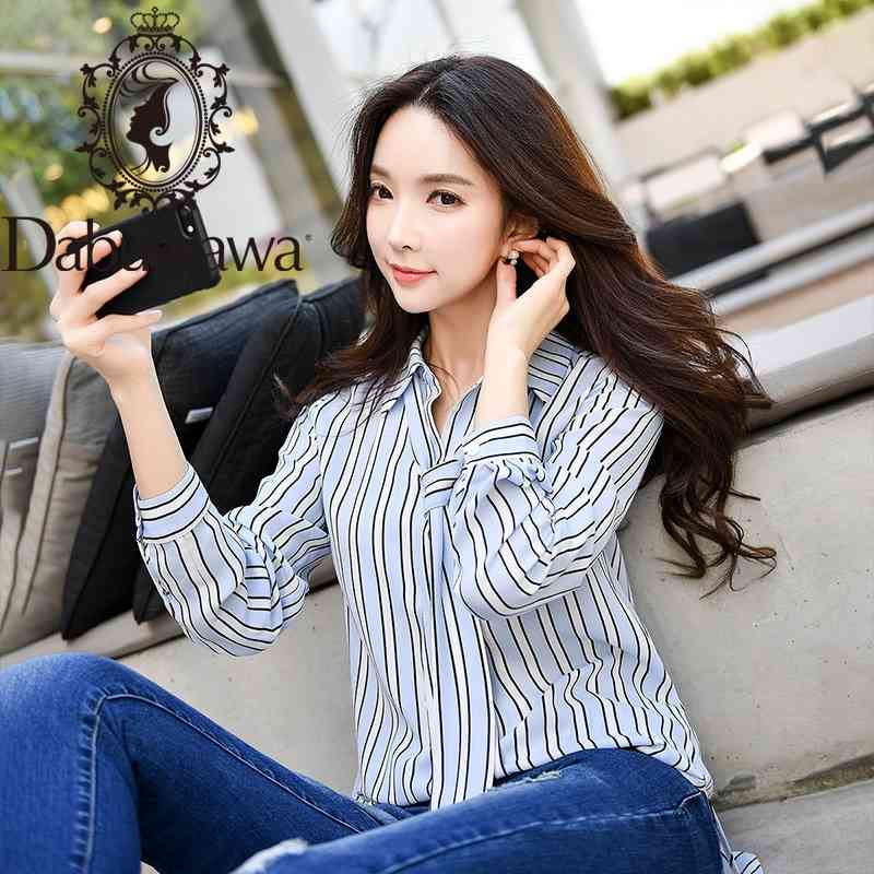 

Dabuwawa Blue Bow Striped Blouses Women Turn-down Collar Long Sleeve Elegant Workwear Shirts Tops Office Lady DT1CST016 210520, Sky blue