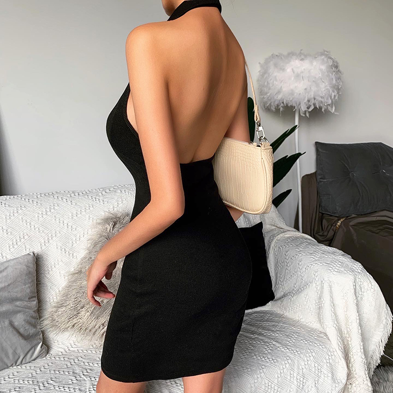 

2021wannathis halter v-neck mini dresses front button backless elastic knitted sleeveless off shoulder summer new elegant dress, Black;gray