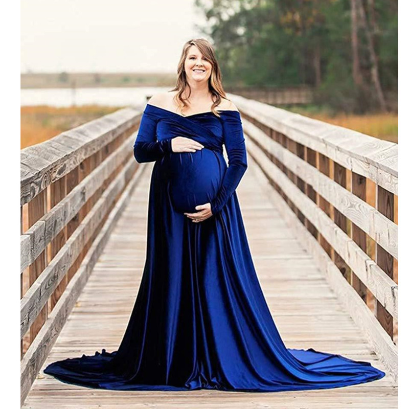 

Maternity Women's Clothing Autumn And Winter Gold Velvet Pregnant Women V-neck Tail Dress Fashion Women Mommy Photography Maternity Dresses, Black