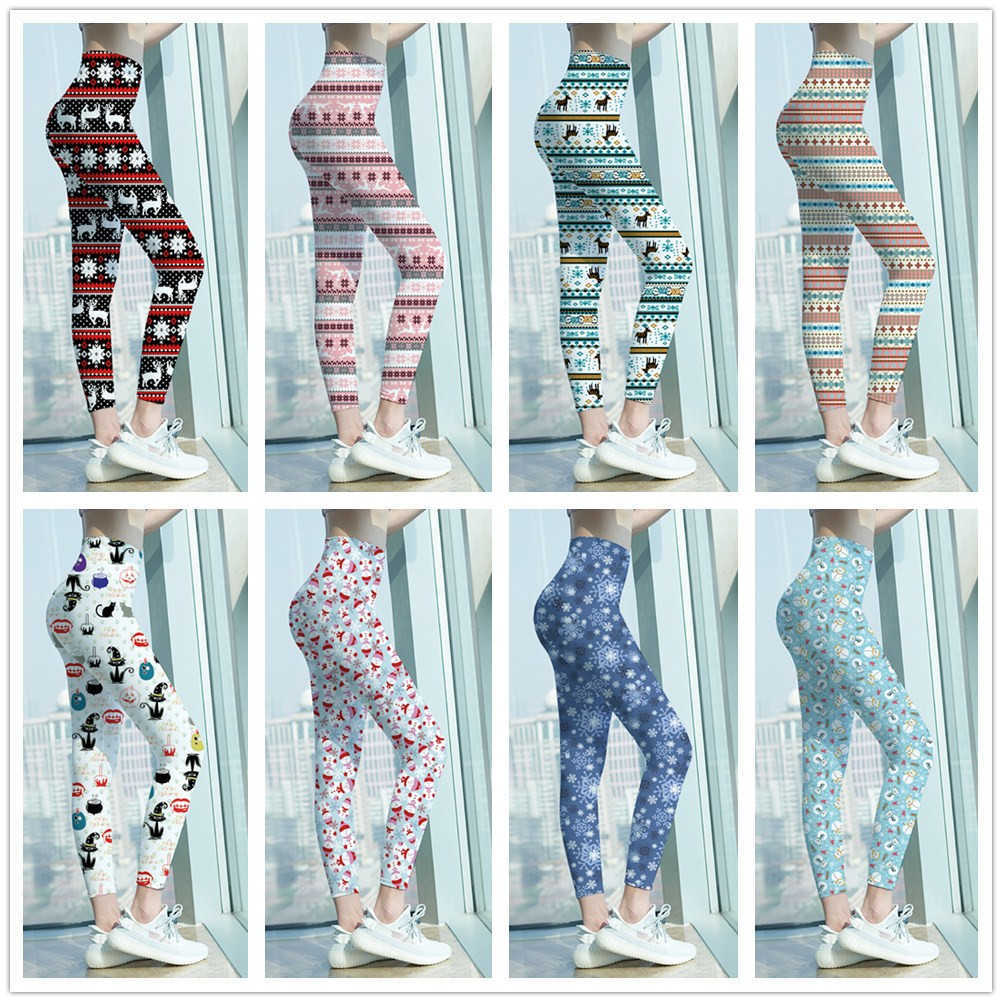 

Women Leggings Christmas Carnival Printed Capris Gym Yoga Pants High Waist Designer Elastic Fitness Lady Overall Full Tights, Blue deer