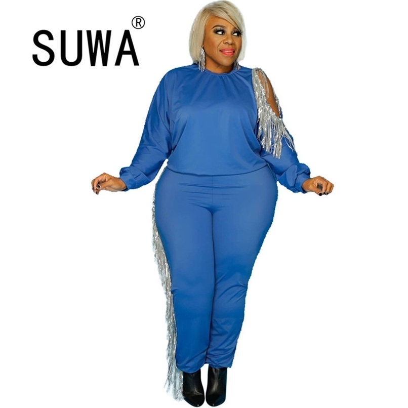 

Wholesale Plus Size Clothes Hollow Out Shiny Tassel Patchwork Pullover Top Tunic Pencil Pants Tracksuit Two Piece Outfits Women 210525, Blue