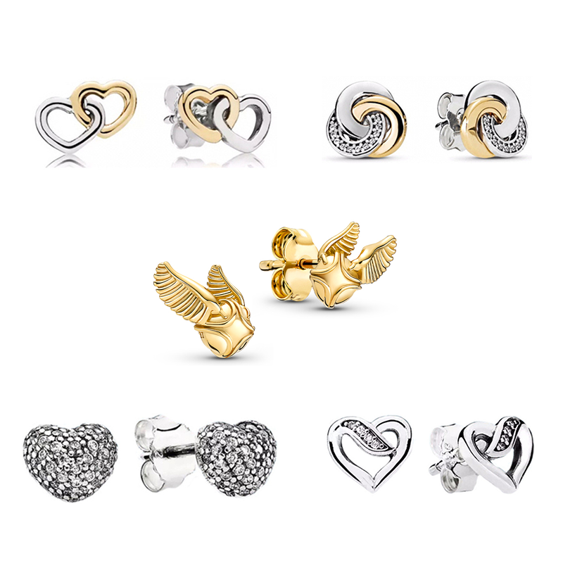 

Stud S925 Sterling Silver Fashion Women's Earrings Love Heart-Shaped Zircon Ring Interweave Charm Personality Valentine's Day Gift, Golden;silver