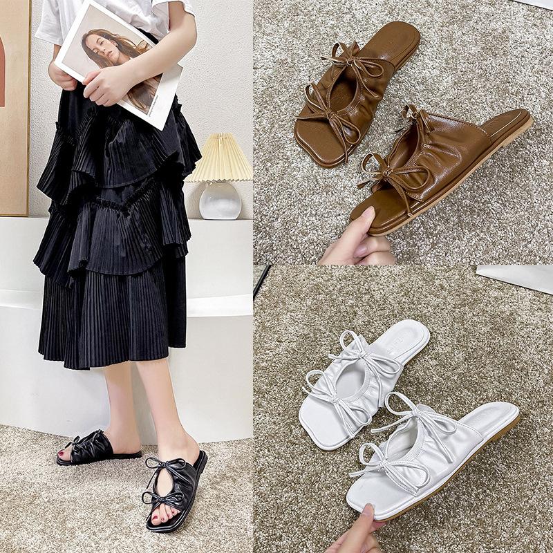 

Slippers Butterfly-Knot Women Summer Luxury Slides Flat Shoes Female Pantofle Low Designer Soft 2021 PU Basic Rubber Hoof Heels