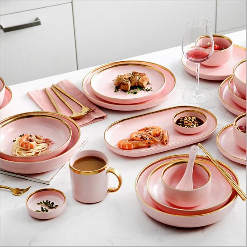

Dishes & Plates Gilt Rim Pink Porcelain Dinner Plate Set Kitchen Ceramic Tableware Rice Salad Noodles Bowl Mug Cutlery 1pc