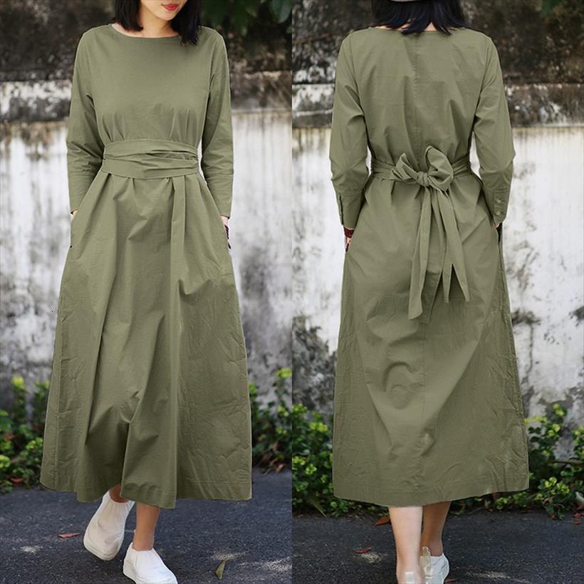 

retro solid maxi autumn sundress womens dress belted zanzea casual long sleeve vestidos female cotton robe oversized, Black;gray
