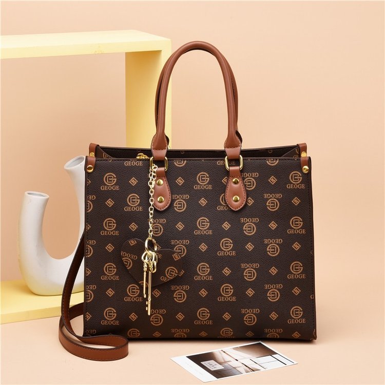 

Wholesale factory ladies brand shoulder bags Hong Kong style double-sided printed handbag horizontal large capacity leather tote bag elegant ribbon bow handbags, Coffee2-ab surface-6806