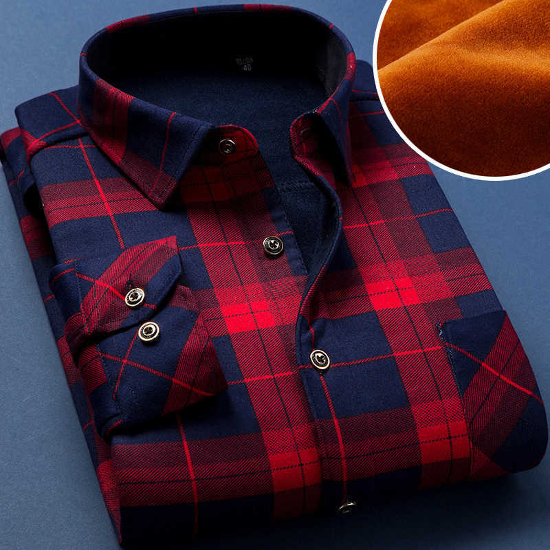 

M-6XL Autumn Winter Men Fleece Shirt Fashion Plaid Thick Keep Warm Male Print Long Sleeve Business Big size 210721, B272