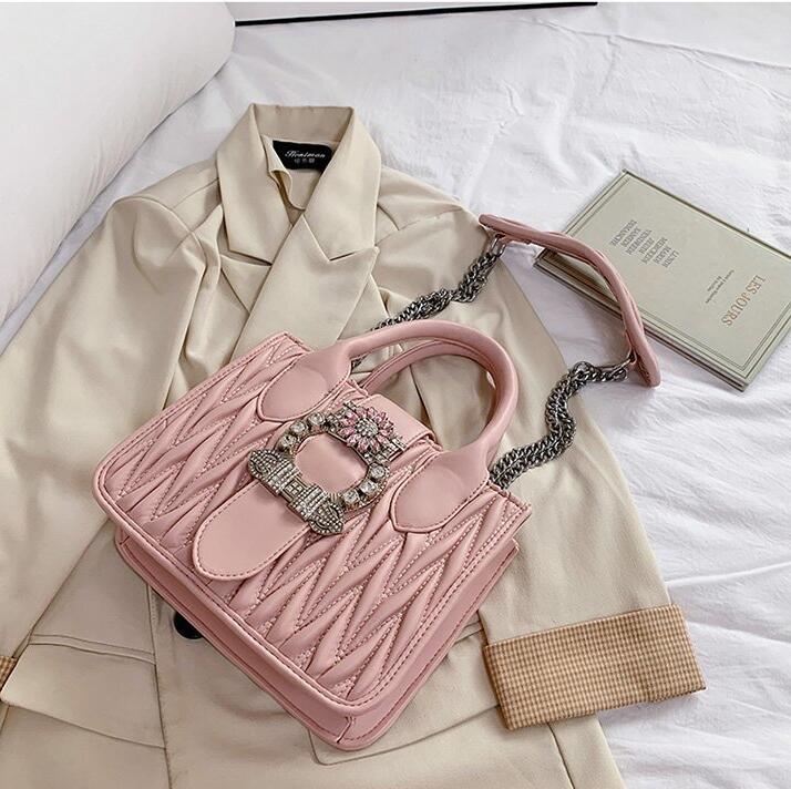 

Factory wholesale women handbag sweet and lovely Beads chain bag small fresh Diamonds handbags street trend striped solid color leather shoulder bags