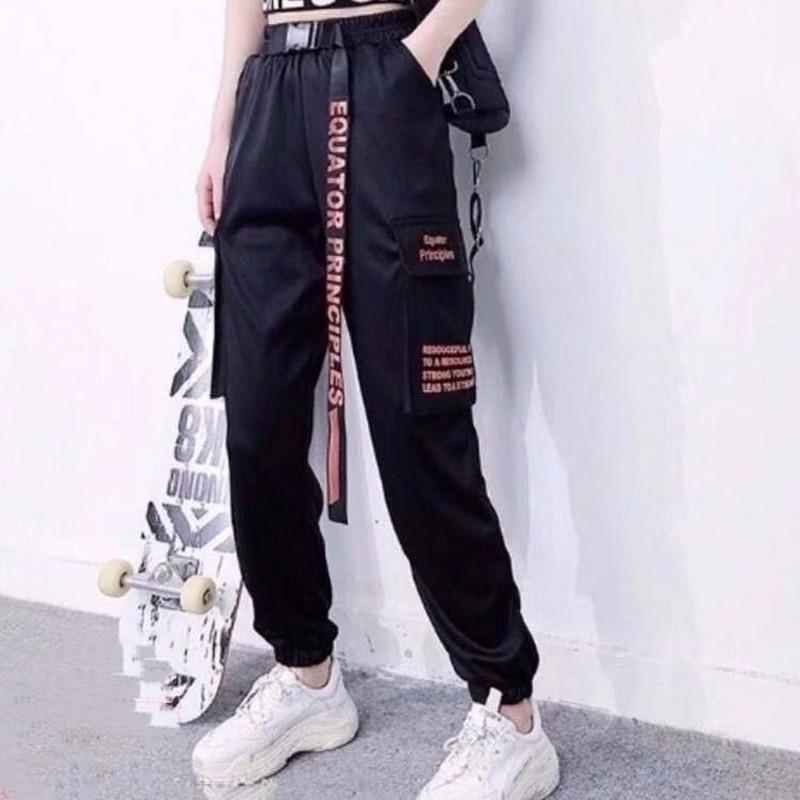 

Spring /Autumn HipHop Sweat Pants Women Cargo Letter Print Ankle Banded Ribbon Overalls Female Loose Casual Women's & Capris, Black;white