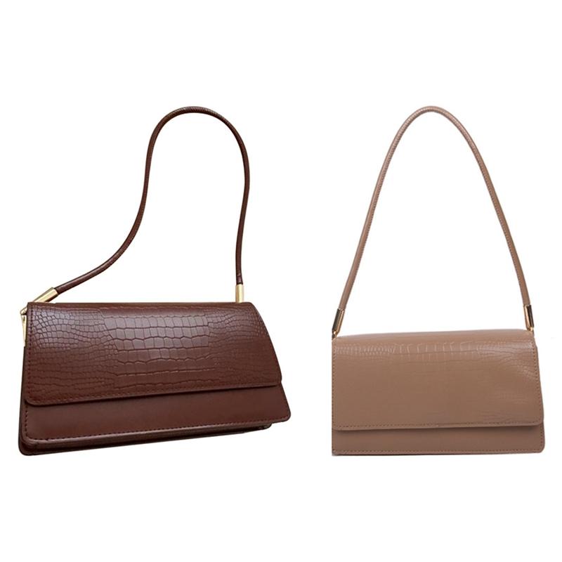 

Evening Bags 2 Pcs Women Baguette Handbags Soild Colour AII Match Ladies Underarm Shoulder Female Armpit Bag, Dark Brown & Khaki, White