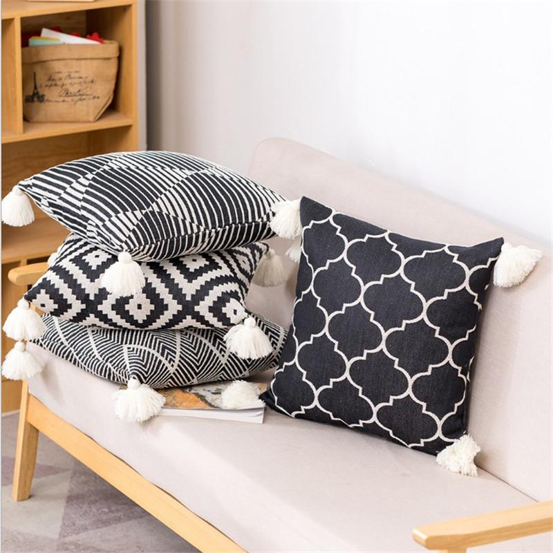 

Cushion/Decorative Pillow Black Geometric Jacquard Cushion Cover Tassels Home Decorative 45x45cm/30x50cm/ 50x50cm Living Room Sofa PillowCas