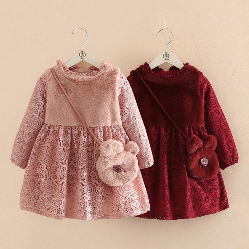 

Girl's Dresses 2021 Winter 2-6 7 8 9 10 Years Teenage Cute Chirstmas Gift Embroidery Kids Baby Girls Lace Thickening Princess Dress With Bag, Red;yellow