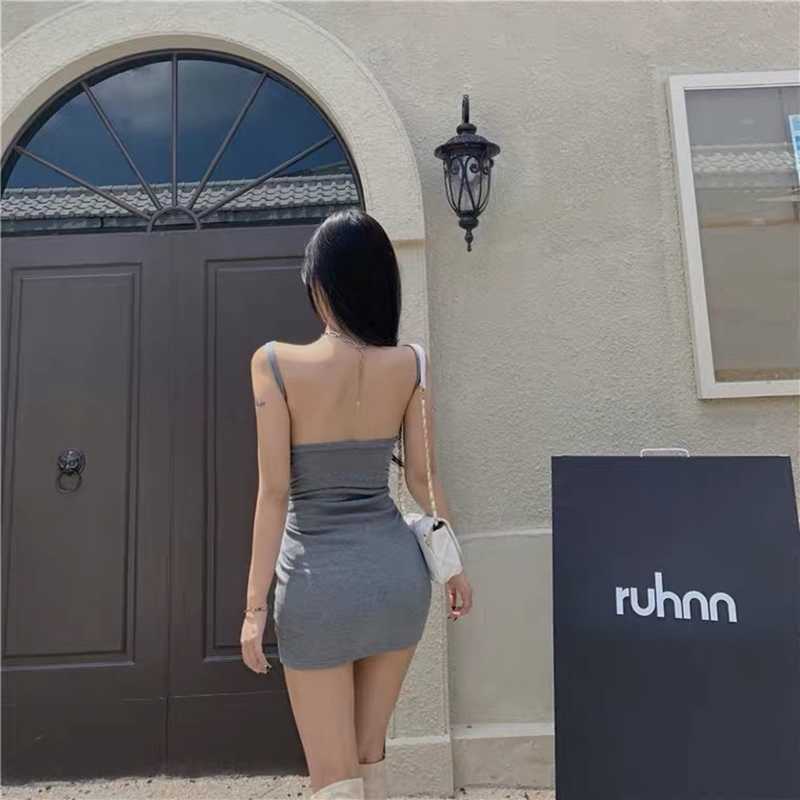

Summer sleeveless backless mini dress sexy tight-fitting strap high waist bag hip 210604, Gray