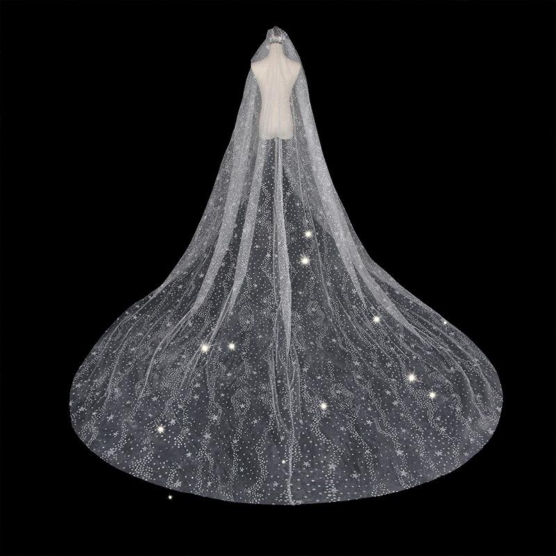 

Bridal Veils Luxury Shiny White Tulle Velos De Novia Largos Lace 3 Meters One Layer Cathedral Wedding Veil Accessoire Mariage