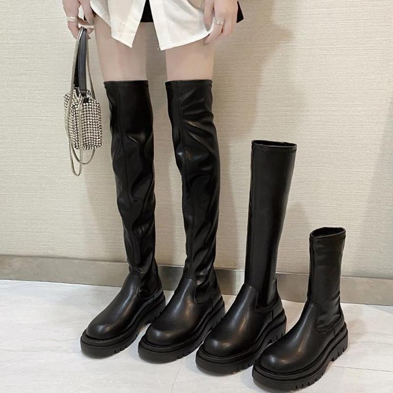 

Boots 2022 Slim Flat High Platform Women Thick Sole Over The Knee Waterproof Black Non-slip Winter Long, Short boots
