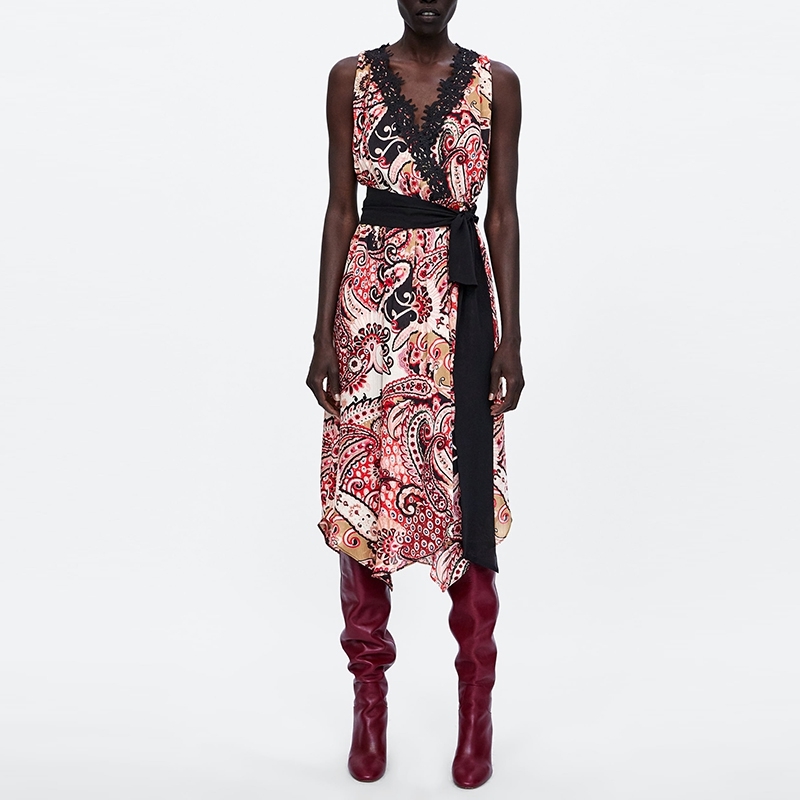 

Summer Sleeveless Floral Dress V neck Lace Up Bow Wiast With Sash Stitch Mid Calf Fashion Party Dresses XZ2286 210525, Red