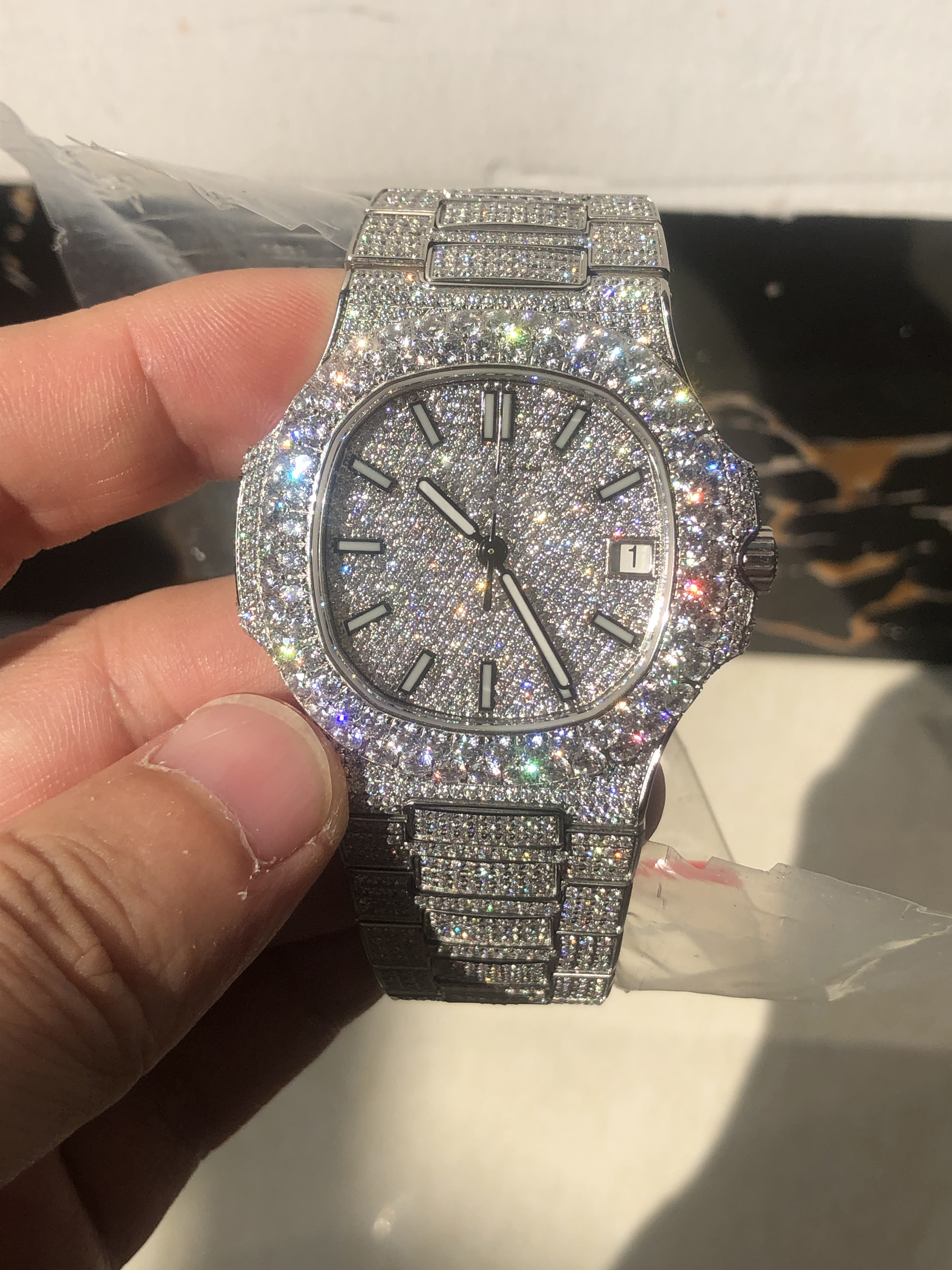 

Limited sale men's full diamond diamond mechanical watch Swiss movement sapphire glass & original box & certificate, Watch1