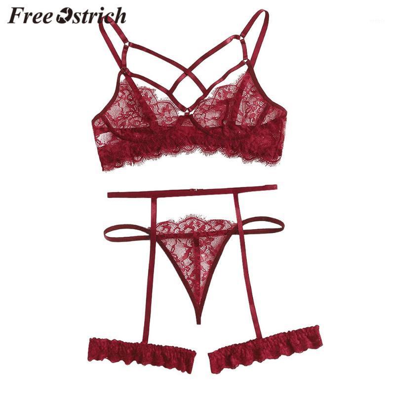 

Bras Sets Free Ostrich 3pcs Sexy Lingerie Underwear Women Garter Bra Thong Set Lace Panties Perspective And Panty, Burgundy