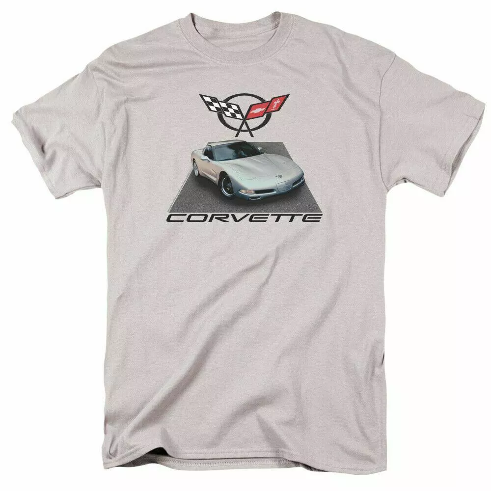 

Chevrolet Silver 01 Vette T Shirt Mens Licensed Classic Car Tee Corvette Silver, White;black
