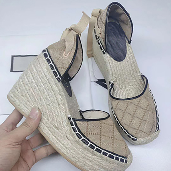 

Women Wedge Sandals Women Espadrille Strap Round Wedge Heel Heels Fashion Genuine Leather Fisherman Wedding Dress Party Shoes With Box NO13, Black