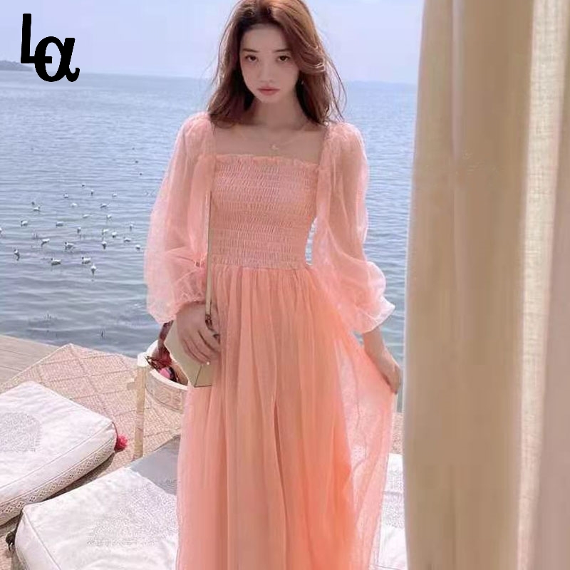 

Dress Korean Square Collar Elegant Vintage Lace Women Beach Party Fairy Kawaii Summer Chic 210519, Pink