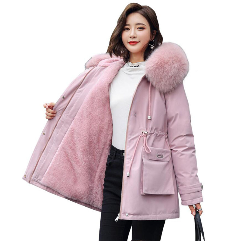 

down Ladies Autumn Winter Jacket Veet Liner Thicken Hooded Parkas Slim Fur Collar Warm Outerwear Women Coat Female, Black