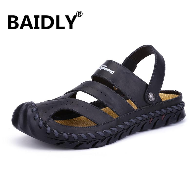 

Sandals Men Genuine Leather Outdoor Summer Handmade Shoes Beach Breathable Sneakers Casual, Black