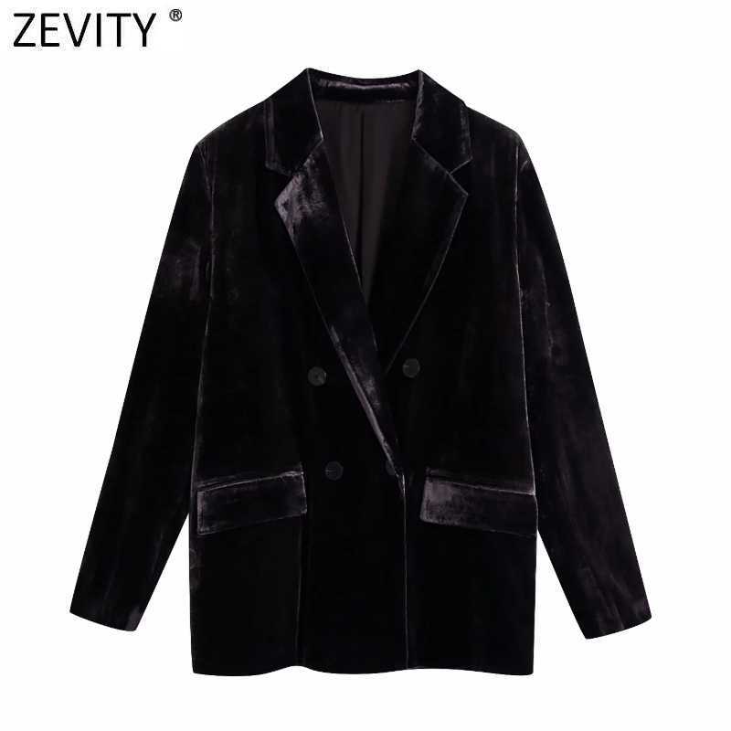 

Zevity Women Chic Double Breasted Leisure Velvet Blazer Coat Lady Long Sleeve Pockets Outwear Suit Office Tops CT660 210603, As pic ct660bb