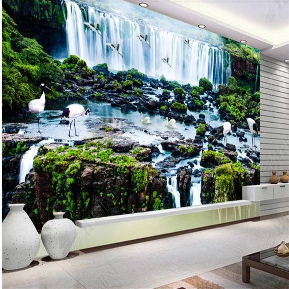 

modern wallpapers for living room Waterfall wallpaper river white crane 3D TV background wall, Green