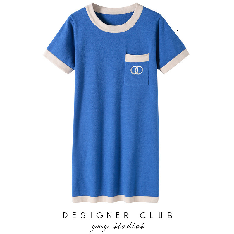 

Song Zuer's same blue age reducing color contrast show thin high waist temperament knitted A-line dress women's spring and summer short, White;black