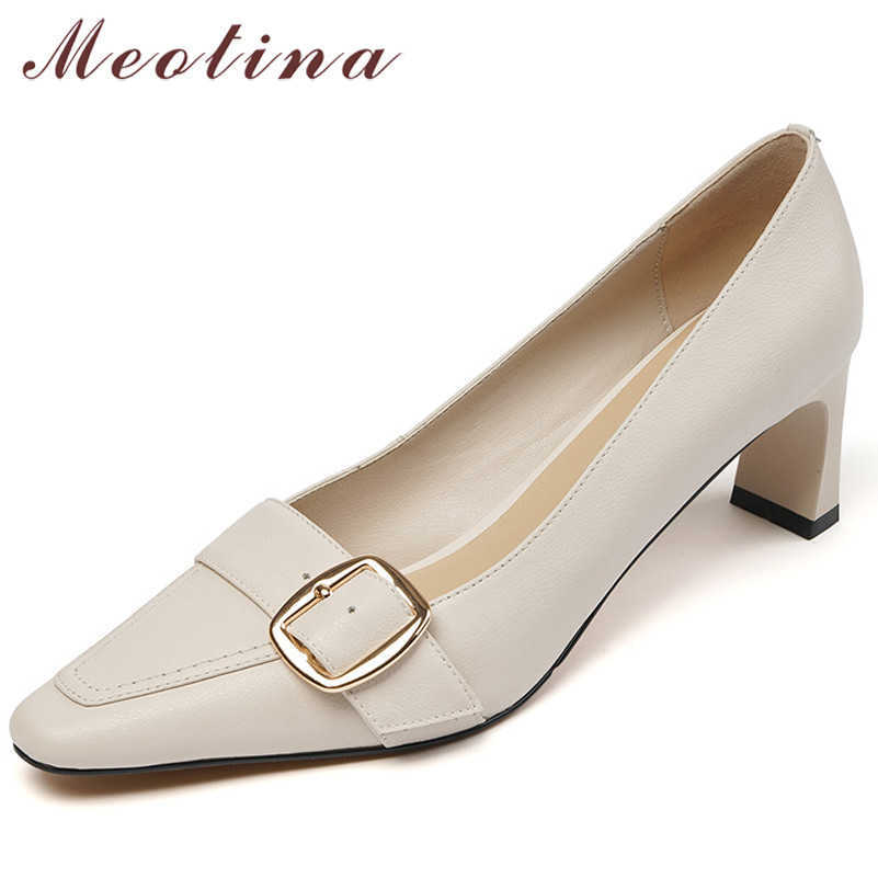 

Meotina Natural Genuine Leather High Heels Women Shoes Buckle Chunky Heel Footwear Fashion Square Toe Pumps Female Beige Size 40 210608