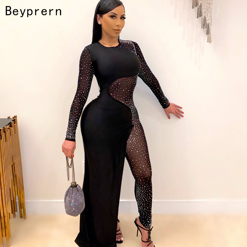 

Beyprern Beautiful Crystal Jumpsuit Gown (Black) Sparkle Hollow Out Sequins Skinny Mesh Romper One Piece Overalls Party Clubwear, Nude