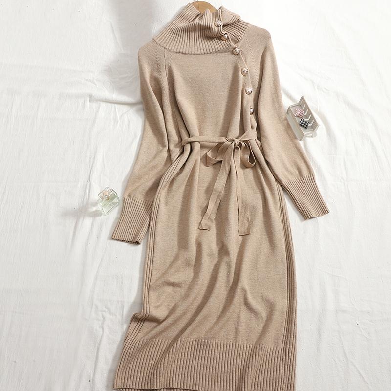 

Casual Dresses Autumn Winter Bottom Half High Collar Knitted Dress Women Loose Bandage Bow Wild Solid Sweater Long Sleeve Vestidos Mujer, Black;gray