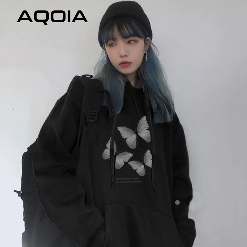 

Korean Loose butterfly Printe Female Pullovers Streetwear y2k Oversize Pockets Women Hoodies Winter Plus Size Sweatshirt 210521, Sku