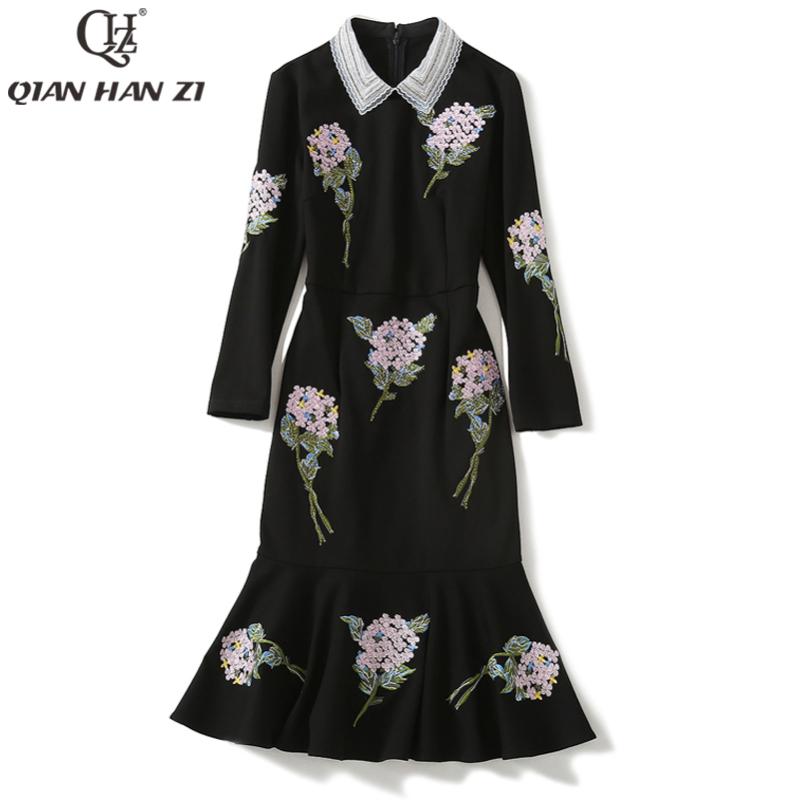 

Casual Dresses Qian Han Zi Designer Fashion Women Dress Lapel Long Sleeve Crystal Flower Embroidered Slim Mermaid Party, Black
